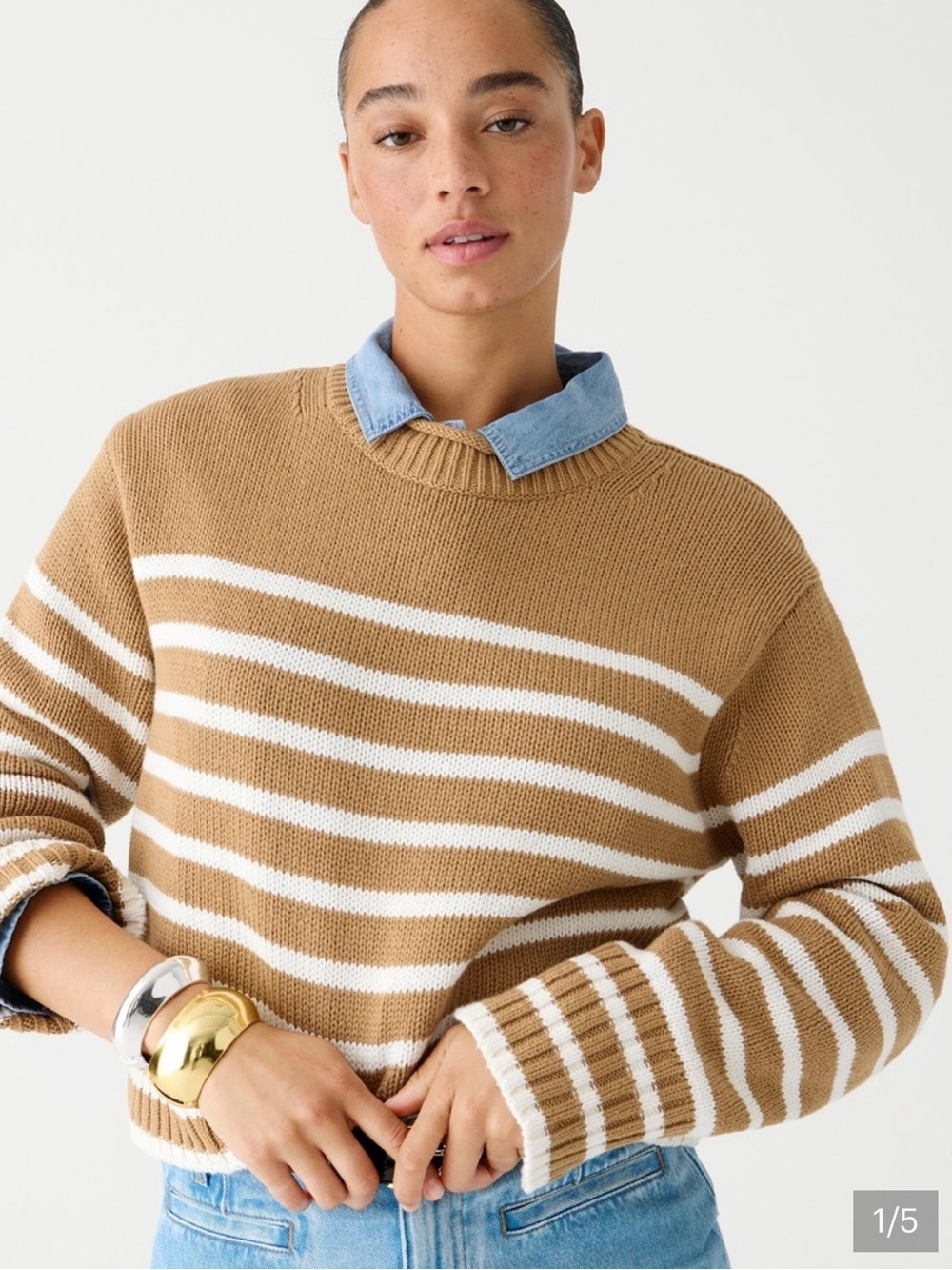 J. Crew Striped crop Tan and White Crewneck Sweater